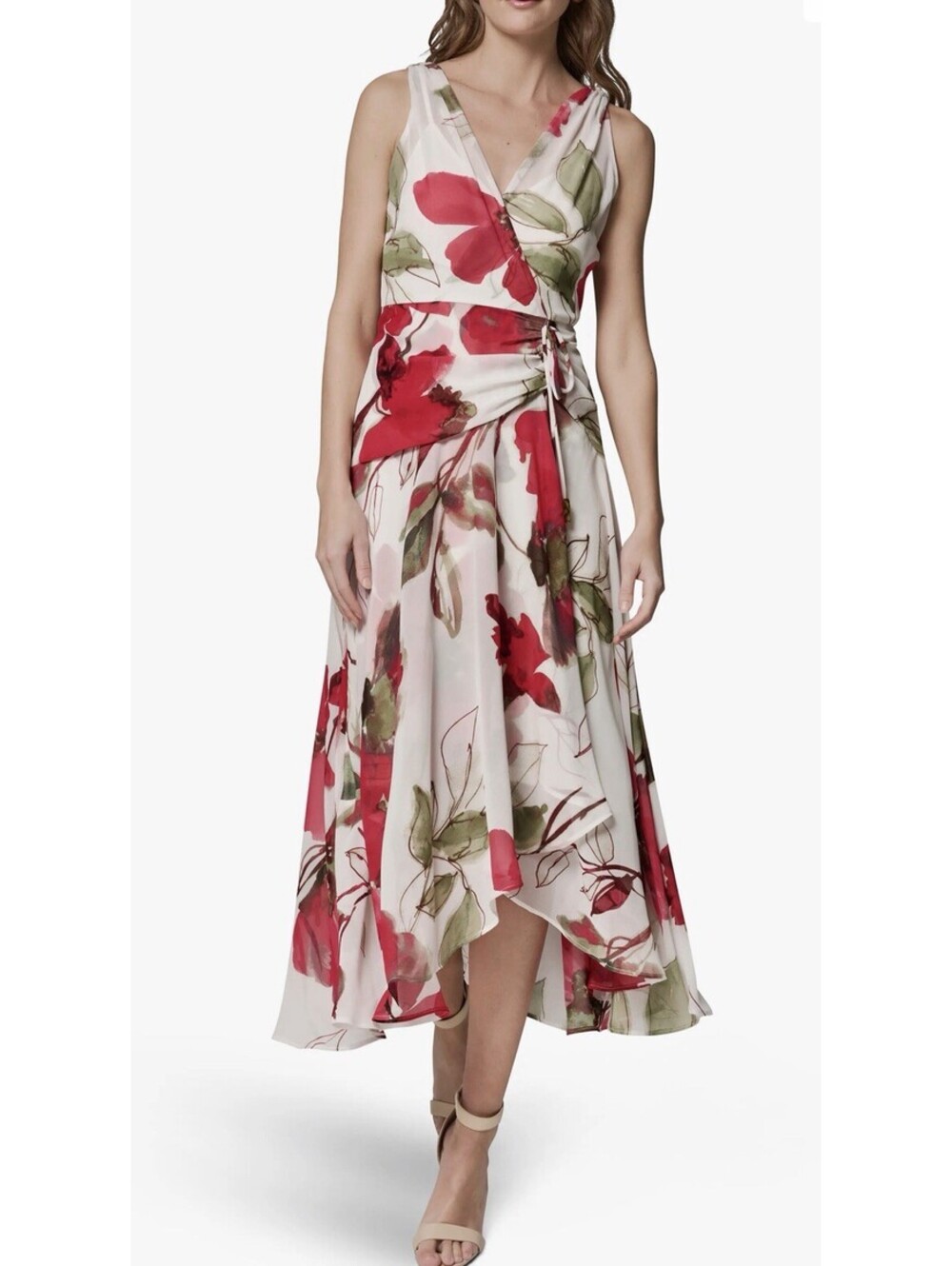 New Donna Karan CHIFFON FLORAL WRAP-EFFECT MIDI A-LINE DRESS AZALEA MULTI Sz 12